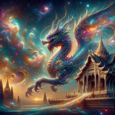 Primary subject: A dragon with a long tail and a large body, flying in the sky.

Setting/background: The dragon is flying in front of a building, which appears to be a temple. The sky is filled with stars, creating a celestial atmosphere.

Visual style: The image is a digital artwork, featuring a vibrant and detailed dragon.

Colors and mood: The image is predominantly blue, with the dragon's scales and the stars in the sky